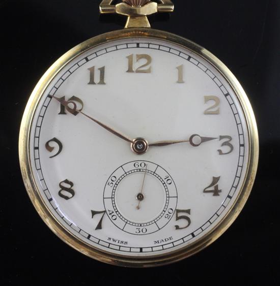 A Dennison case 18ct gold open face keyless lever pocket watch,